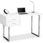 Homeology Harmonia Glossy White Chrome Leg Double Drawer Modern Home Office Luxury Computer Desk